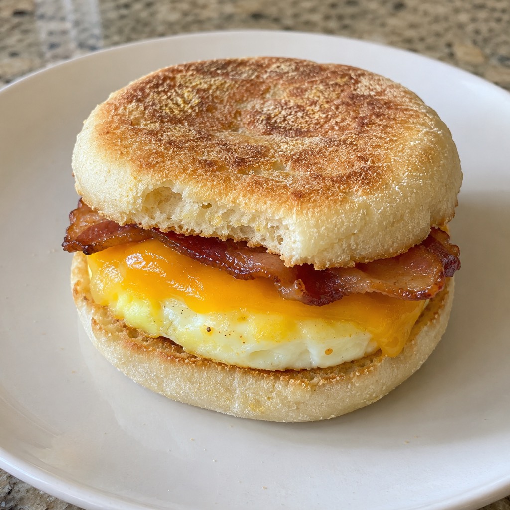 Illustrated English muffin breakfast sandwich with egg, cheddar, and bacon on a white plate